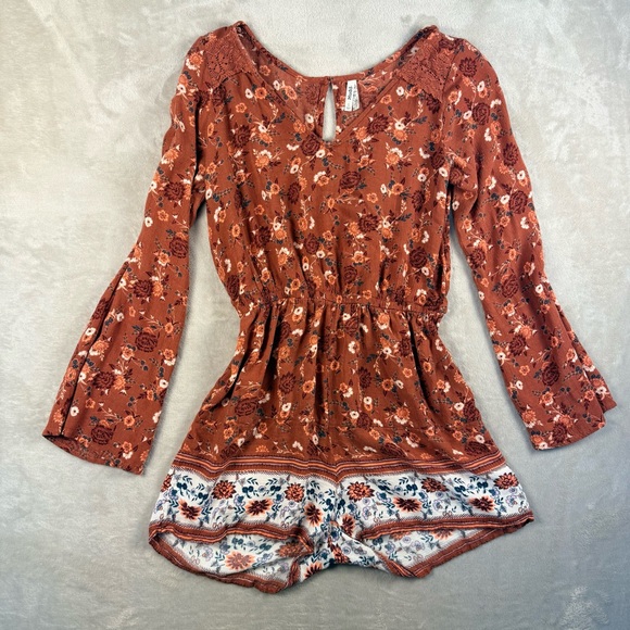 Mudd Pants - Mudd Rust Floral Boho Long Sleeve Romper Size S Cottagecore